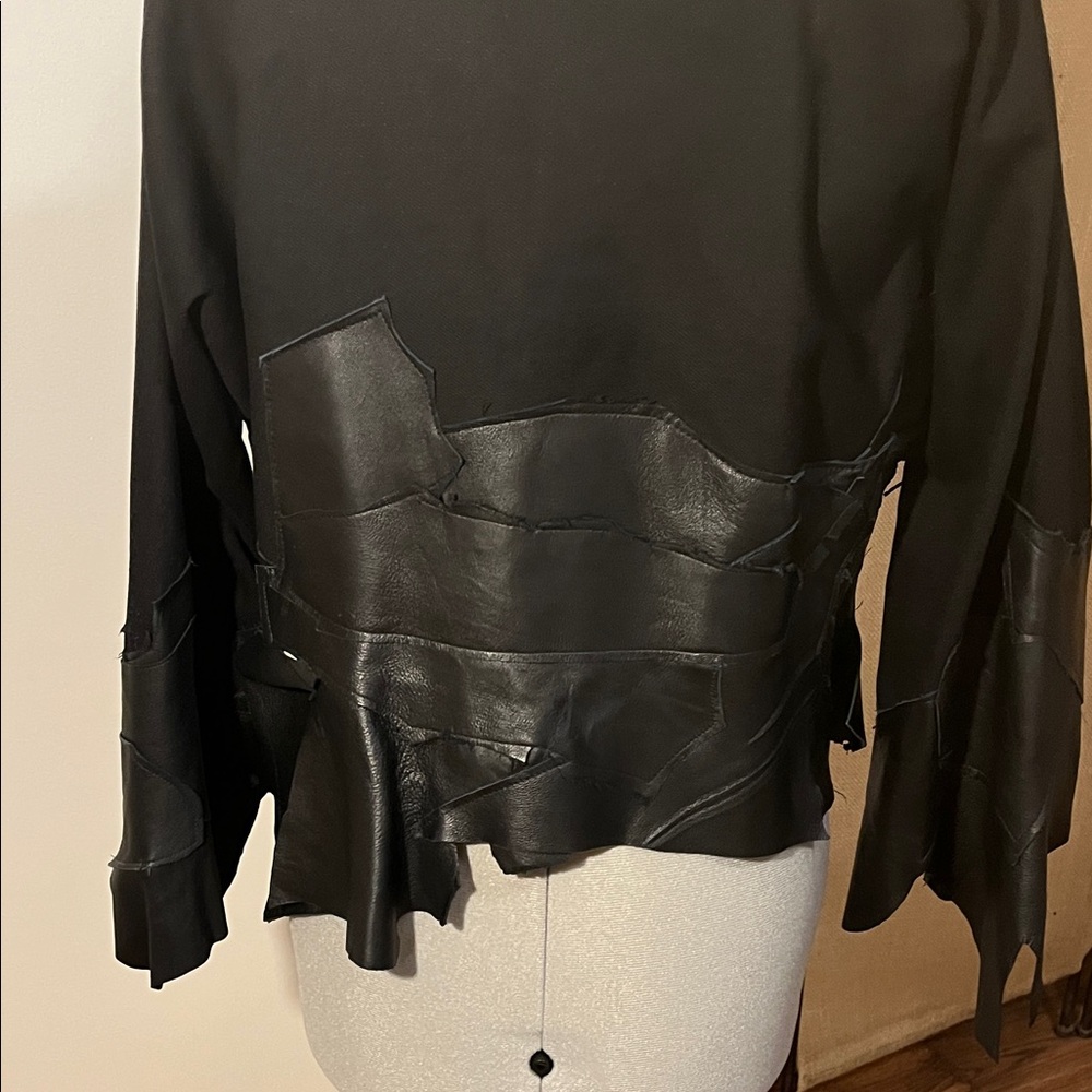 Unique Black Leather Patchwork Long Sleeve Top - image 2